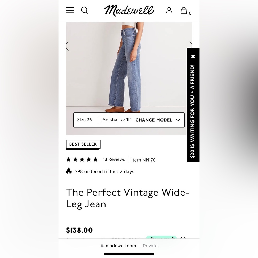 Madewell The Perfect Vintage Wide Leg Jean Size 28